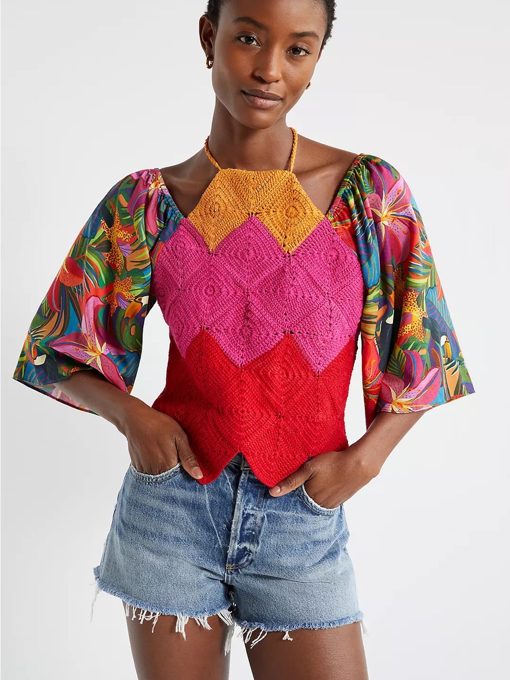 Farm Rio Crochet Halter Top with Floral Sleeves